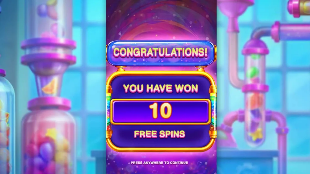 Tampilan visual slot Sweet Burst dengan tema pabrik permen futuristik