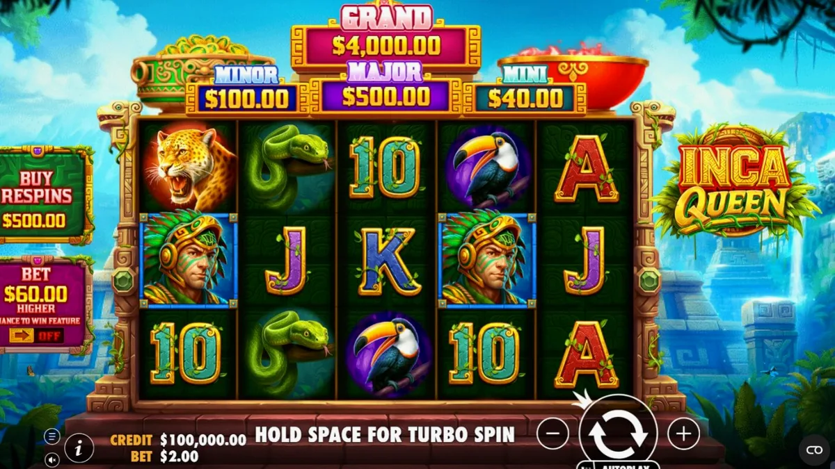 Tampilan antarmuka slot Inca Queen di layar ponsel pintar